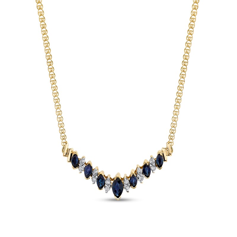 Main Image 1 of Marquise Blue Sapphire and 1/5 CT. T.W. Diamond Duo Alternating Seven Stone Chevron Necklace in 14K Gold