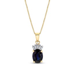 Oval Blue Sapphire and 1/15 CT. T.W. Baguette Diamond Crown Drop Pendant in 14K Gold