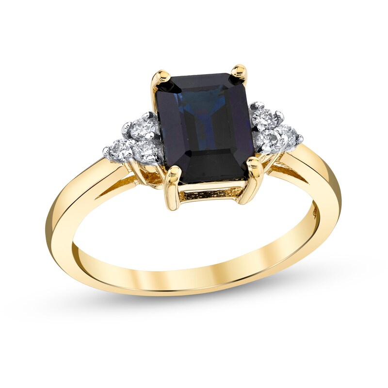 Main Image 1 of Emerald-Cut Blue Sapphire and 1/8 CT. T.W. Diamond Tri-Sides Ring in 14K Gold