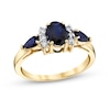 Thumbnail Image 1 of Oval and Pear-Shaped Blue Sapphire with 1/8 CT. T.W. Diamond Collar Three Stone Ring in 14K Gold