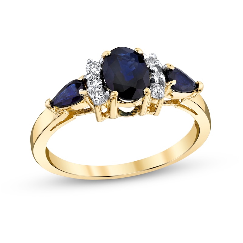Main Image 1 of Oval and Pear-Shaped Blue Sapphire with 1/8 CT. T.W. Diamond Collar Three Stone Ring in 14K Gold