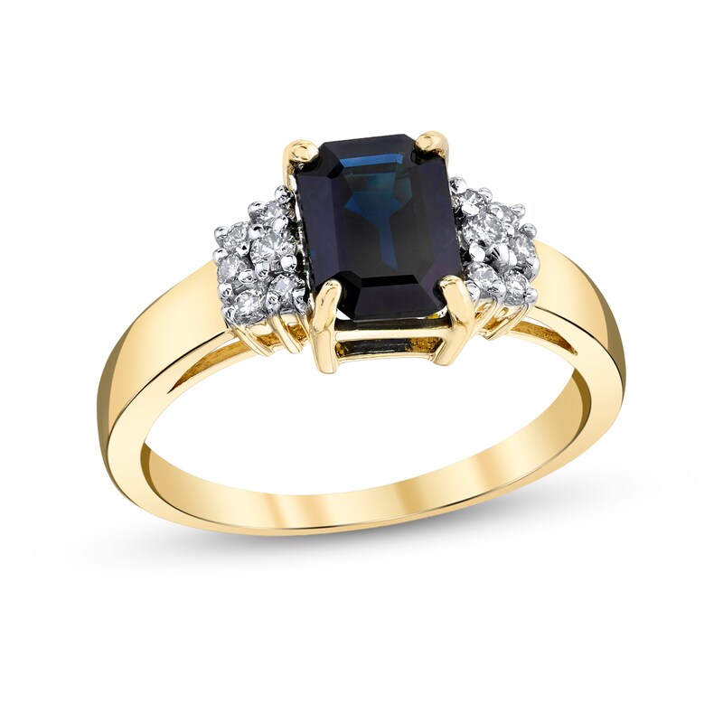 Main Image 1 of Emerald-Cut Blue Sapphire and 1/5 CT. T.W. Diamond Stepped Double Collar Ring in 14K Gold