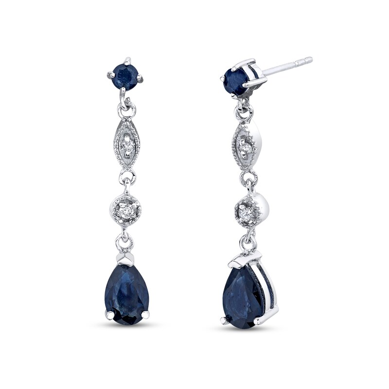 Main Image 1 of Pear-Shaped and Round Blue Sapphire with 1/20 CT. T.W. Diamond Art Deco Vintage-Style Drop Earrings in 14K White Gold
