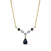 Thumbnail Image 1 of Pear-Shaped and Round Blue Sapphire and 1/20 CT. T.W. Diamond Art Deco Vintage-Style "Y" Necklace in 14K Gold