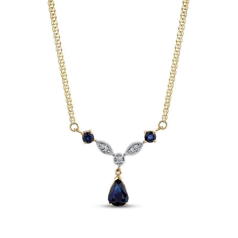 Main Image 1 of Pear-Shaped and Round Blue Sapphire and 1/20 CT. T.W. Diamond Art Deco Vintage-Style "Y" Necklace in 14K Gold