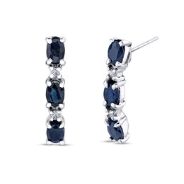 Oval Blue Sapphire and 1/20 CT. T.W. Diamond Three Stone J-Hoop Earrings in 14K White Gold