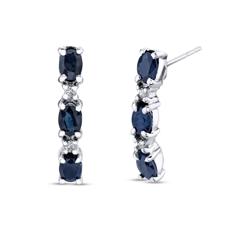 Main Image 1 of Oval Blue Sapphire and 1/20 CT. T.W. Diamond Three Stone J-Hoop Earrings in 14K White Gold