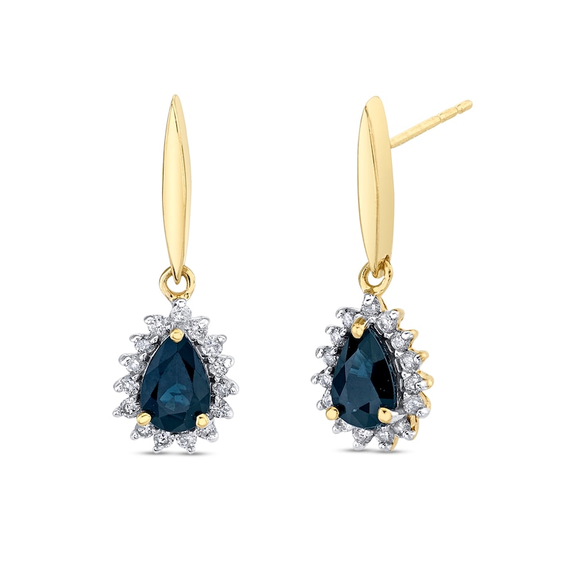 Pear-Shaped Blue Sapphire and 1/5 CT. T.W. Diamond Sunburst Frame Teardrop Earrings in 14K Gold