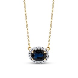 Sideways Oval Blue Sapphire and 1/4 CT. T.W. Diamond Frame Necklace in 14K Gold