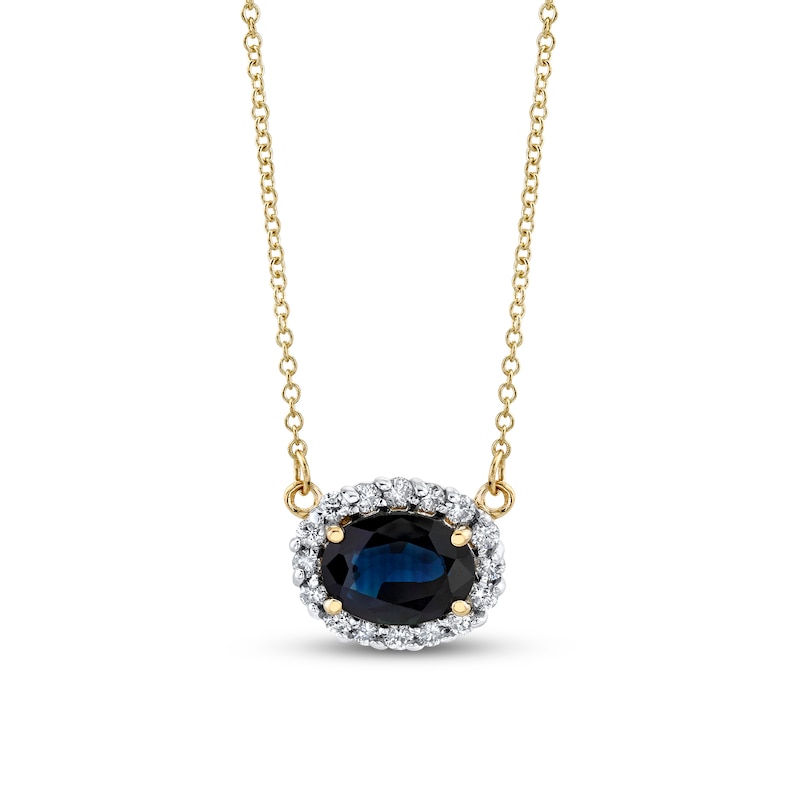 Main Image 1 of Sideways Oval Blue Sapphire and 1/4 CT. T.W. Diamond Frame Necklace in 14K Gold