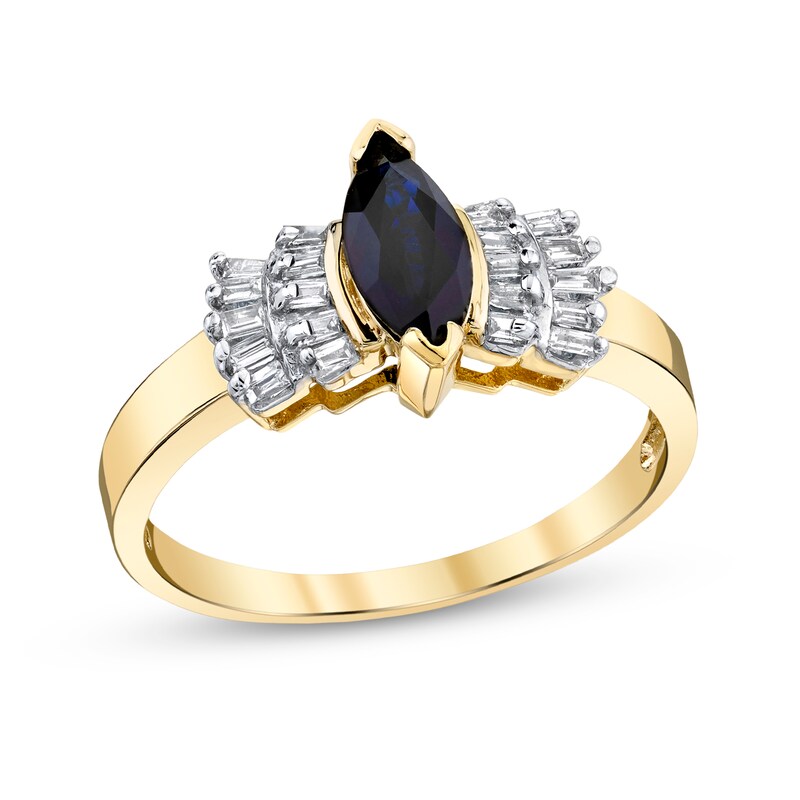 Main Image 1 of Marquise Blue Sapphire and 1/5 CT. T.W. Baguette Diamond Double Collar Ring in 14K Gold