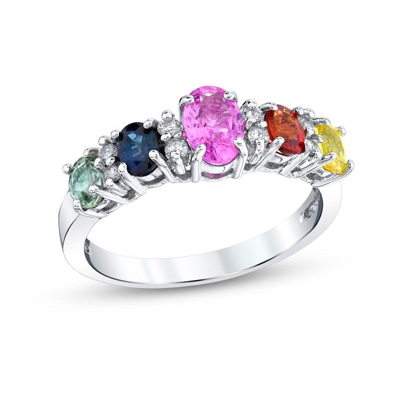 Main Image 1 of Oval Multi-Color Sapphire and 1/8 CT. T.W. Diamond Duo Alternating Five Stone Ring in 14K White Gold