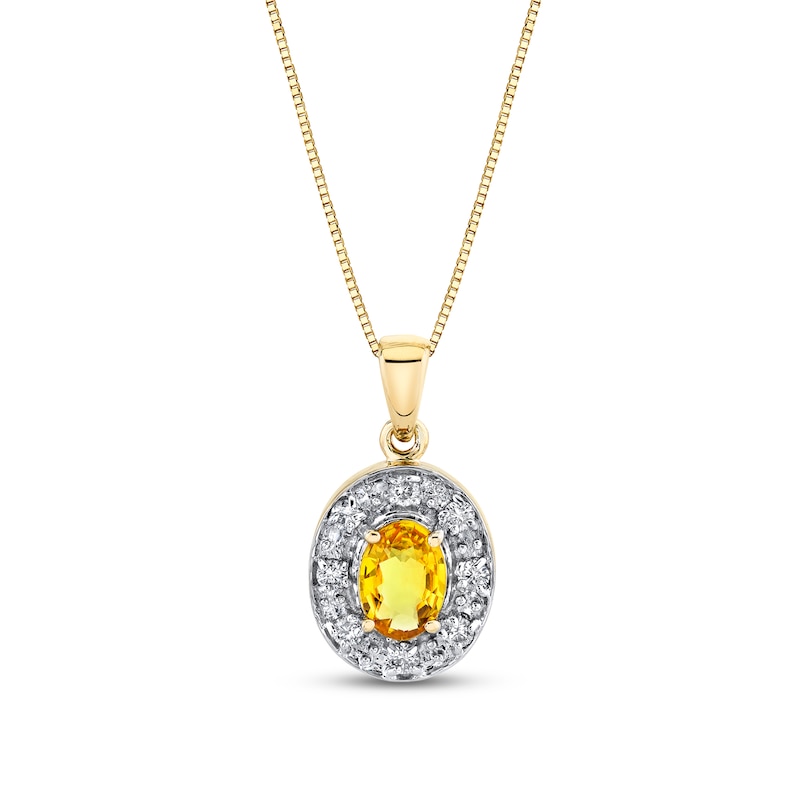 Main Image 1 of Oval Yellow Sapphire and 1/5 CT. T.W. Diamond Frame Drop Pendant in 14K Gold