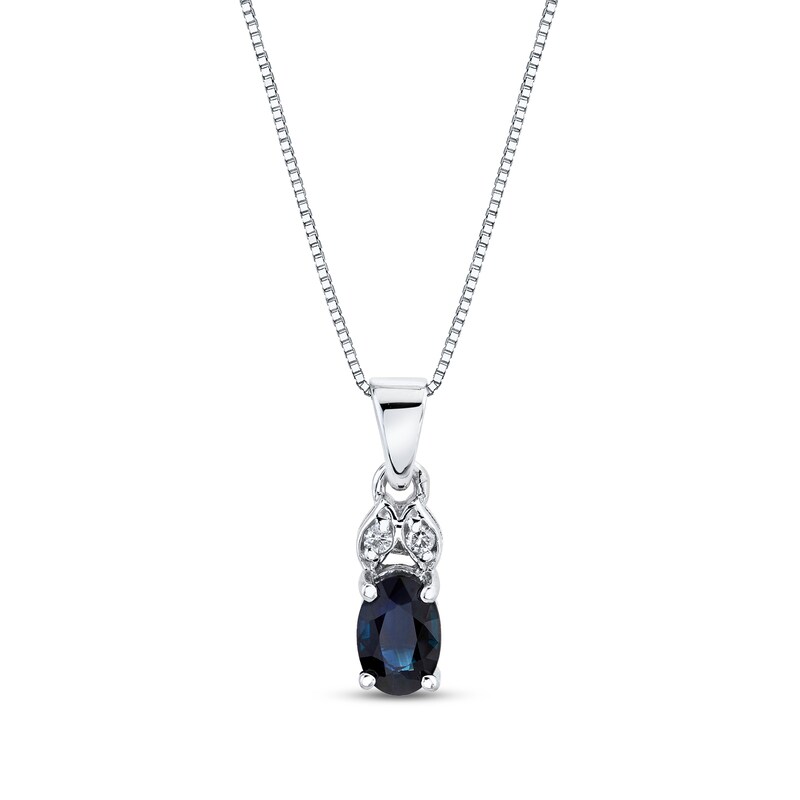 Main Image 1 of Oval Blue Sapphire and Diamond Accent Double Leaf-Top Pendant in 14K White Gold