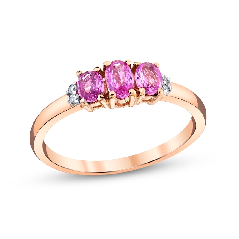 Main Image 1 of Oval Pink Sapphire and Diamond Accent Duo Side Accent Three Stone Ring in 14K Rose Gold