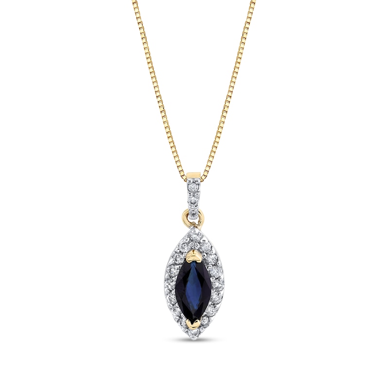 Main Image 1 of Marquise Blue Sapphire and 1/5 CT. T.W. Diamond Frame Drop Pendant in 14K Gold