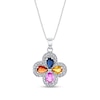 Thumbnail Image 0 of Pear-Shaped Multi-Color Sapphire and 1/3 CT. T.W. Diamond Frame Swirling Four-Petal Flower Pendant in 14K White Gold