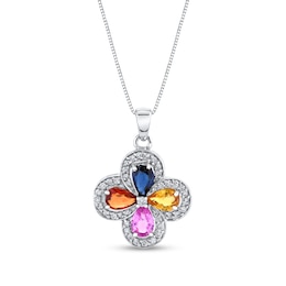 Pear-Shaped Multi-Color Sapphire and 1/3 CT. T.W. Diamond Frame Swirling Four-Petal Flower Pendant in 14K White Gold