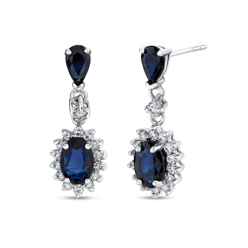 Oval and Pear-Shaped Blue Sapphire and 1/3 CT. T.W. Diamond Shadow Frame Double Drop Earrings in 14K White Gold