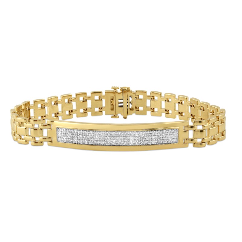Main Image 1 of Men's 1 CT. T.W. Diamond Bar Bracelet in Sterling Silver with 14K Gold Plate – 8.5"