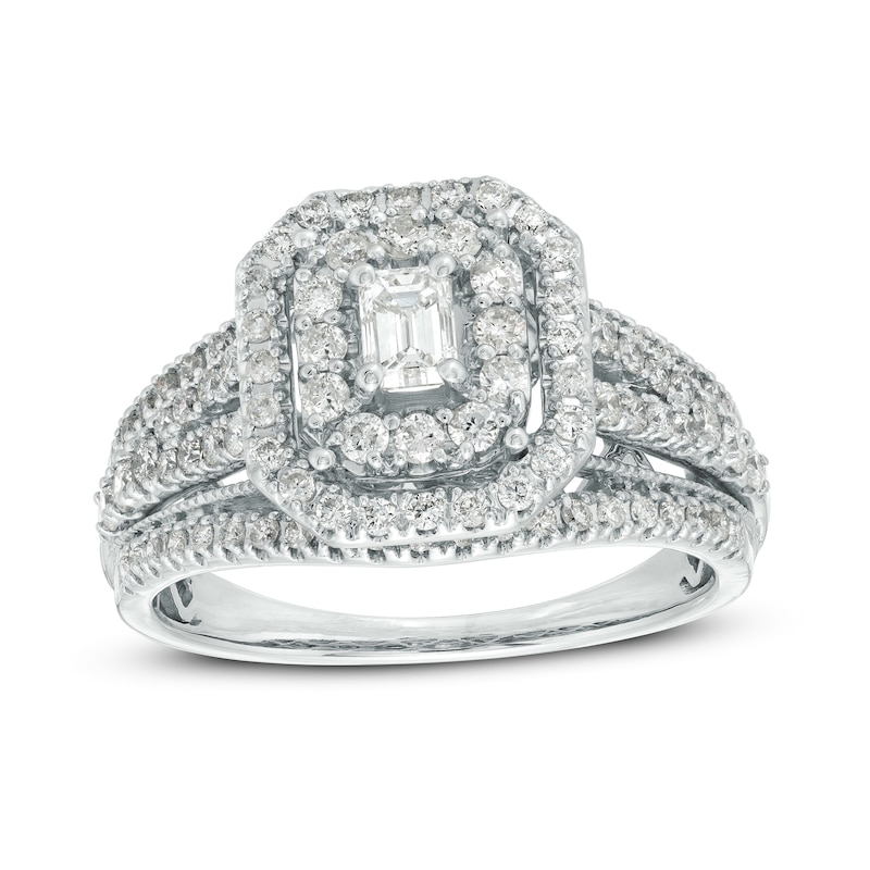 Main Image 1 of 1 CT. T.W. Emerald-Cut Diamond Double Frame Vintage-Style Engagement Ring in 14K White Gold