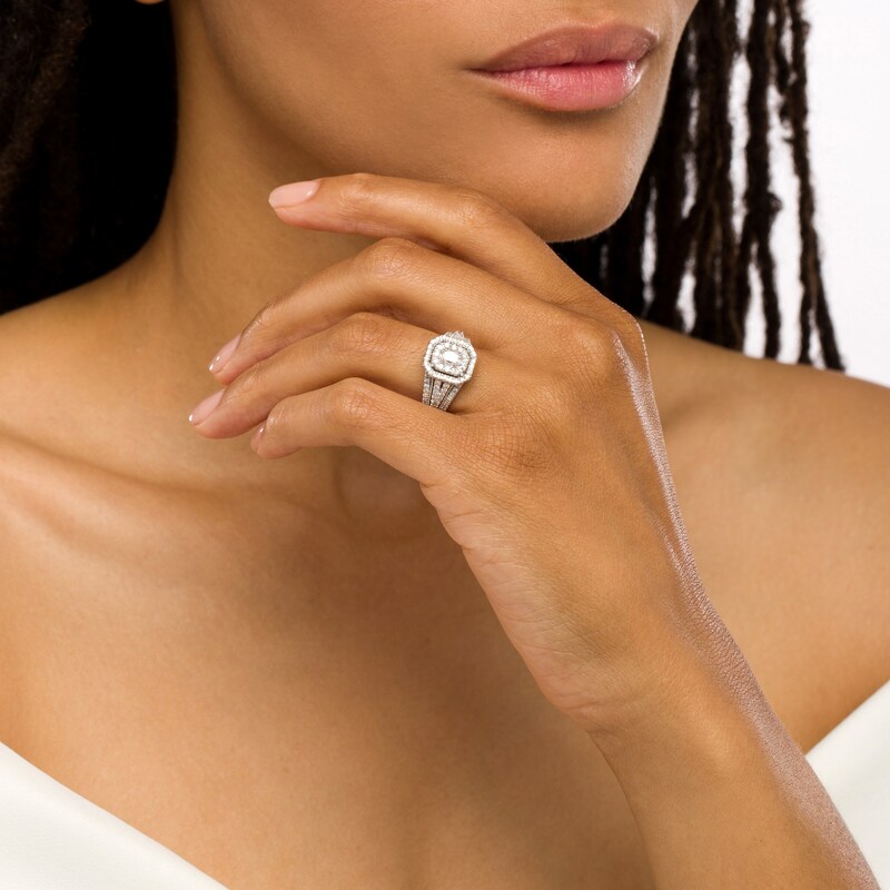Main Image 2 of 1 CT. T.W. Emerald-Cut Diamond Double Frame Vintage-Style Engagement Ring in 14K White Gold