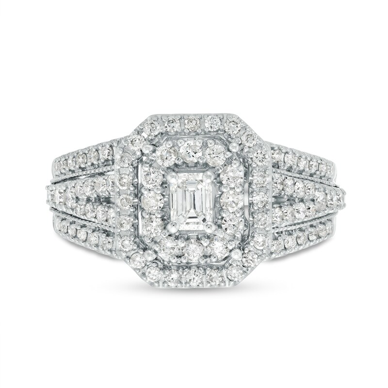 Main Image 4 of 1 CT. T.W. Emerald-Cut Diamond Double Frame Vintage-Style Engagement Ring in 14K White Gold