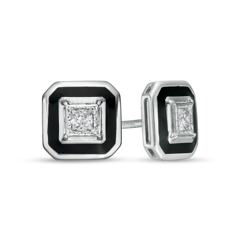 Men's 1/5 CT. T.W. Square-Cut Diamond Solitaire Octagonal Frame Stud Earrings in 10K White Gold and Black Ceramic