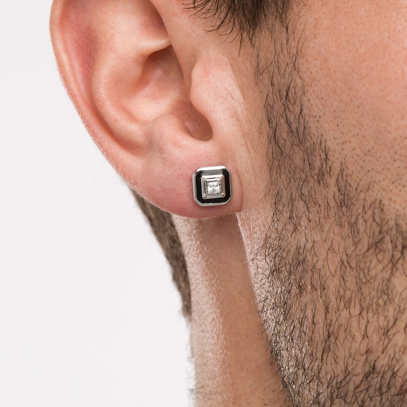 Men's 1/5 CT. T.W. Square-Cut Diamond Solitaire Octagonal Frame Stud Earrings in 10K White Gold and Black Ceramic