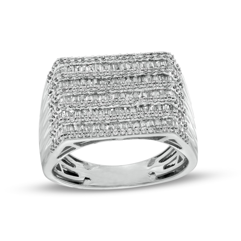 Men's 1-1/2 CT. T.W. Baguette and Round Diamond Multi-Row Alternating Ring in 10K White Gold