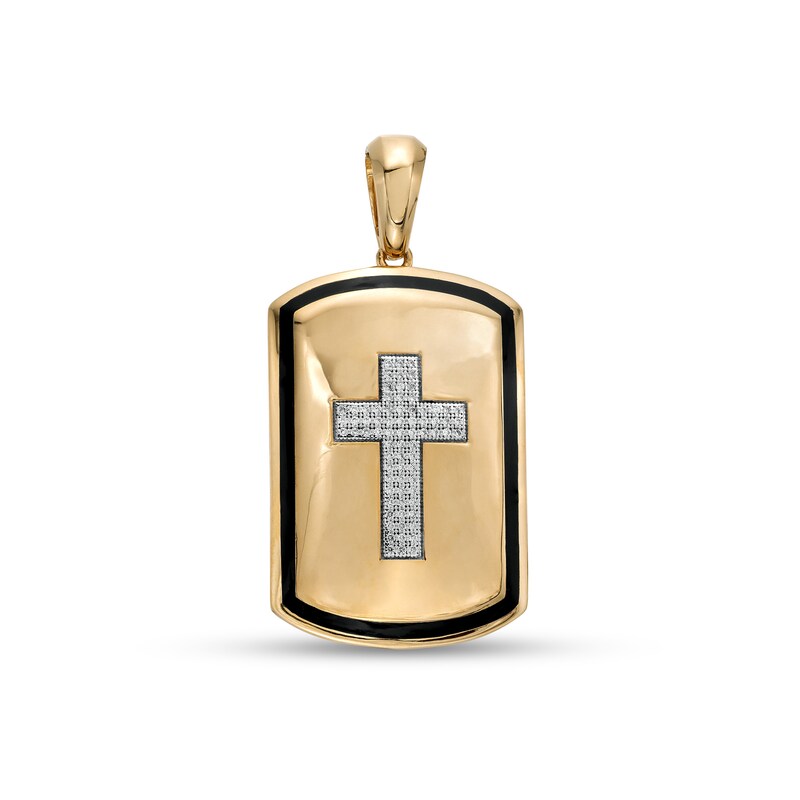 Main Image 1 of 1/5 CT. T.W. Diamond Cross Frame Dog Tag Necklace Charm in 10K Gold and Black Ceramic