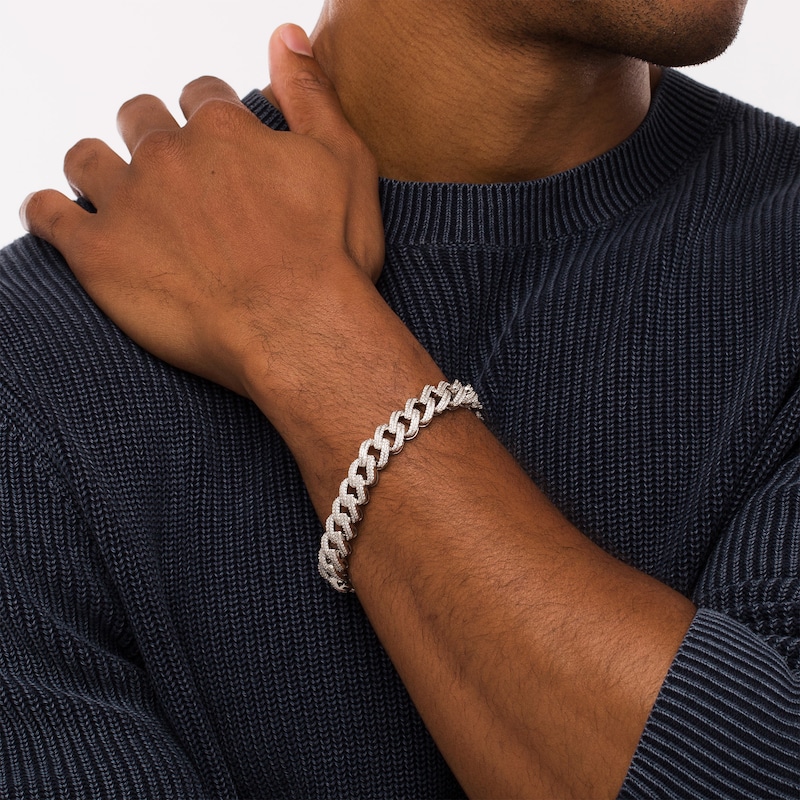 Main Image 2 of Men's 2-7/8 CT. T.W. Diamond Double Row Curb Chain Link Bracelet in 10K White Gold - 8.5"