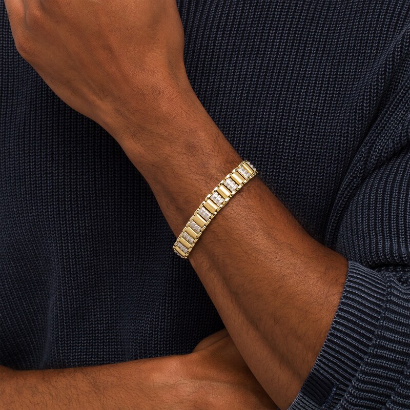 Main Image 2 of Men's 3/4 CT. T.W. Diamond Triple Row and Satin Alternating Link Bracelet in 10K Gold - 8.5"