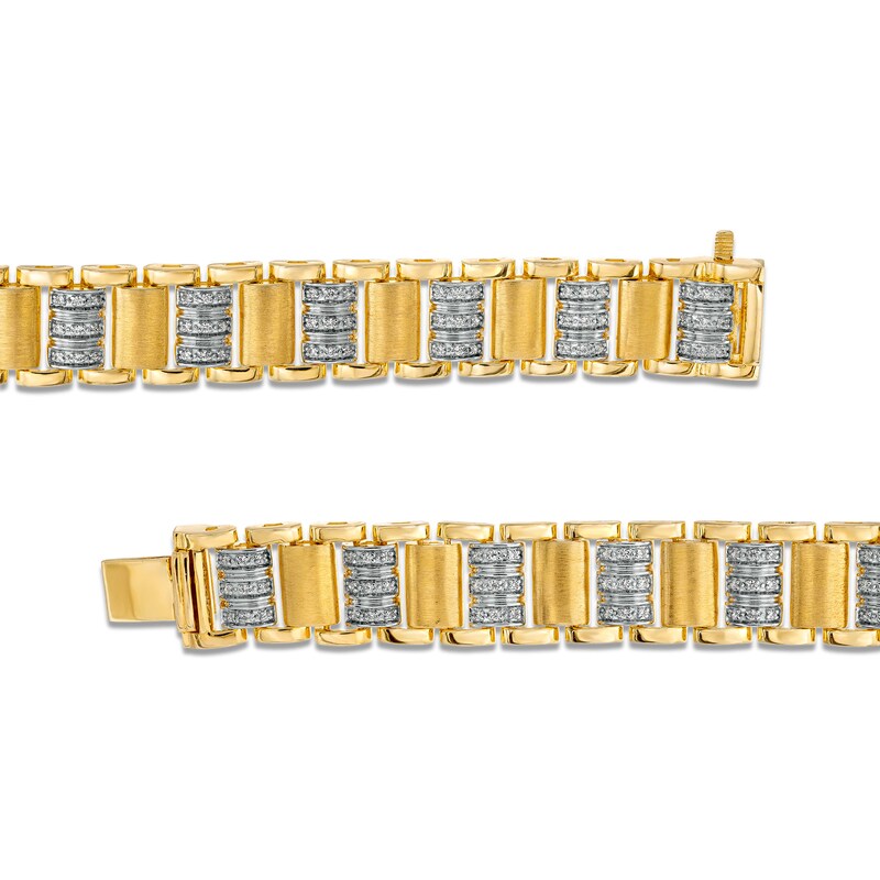 Main Image 3 of Men's 3/4 CT. T.W. Diamond Triple Row and Satin Alternating Link Bracelet in 10K Gold - 8.5"
