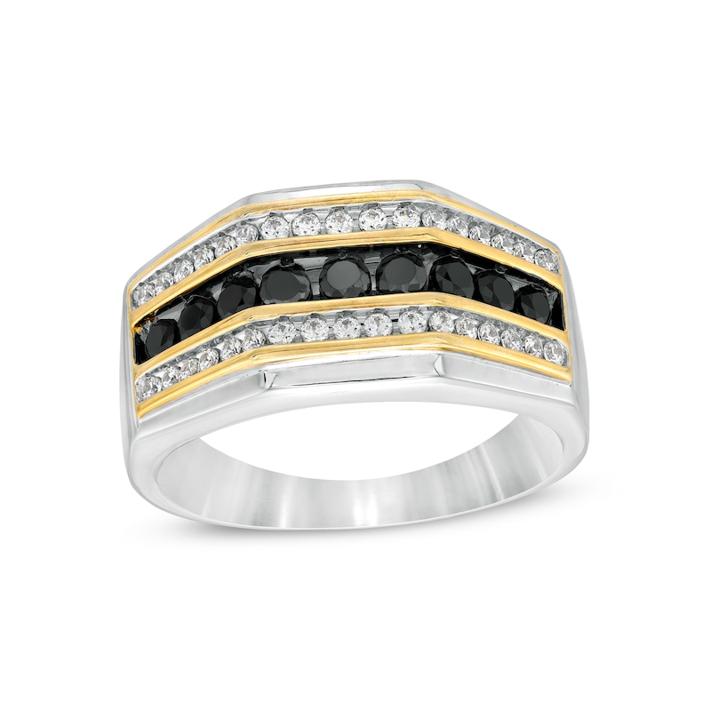 Main Image 1 of Men's 1 CT. T.W. Black Enhanced and White Diamond Triple Row Angle Bolt Ring in 10K Two-Tone Gold