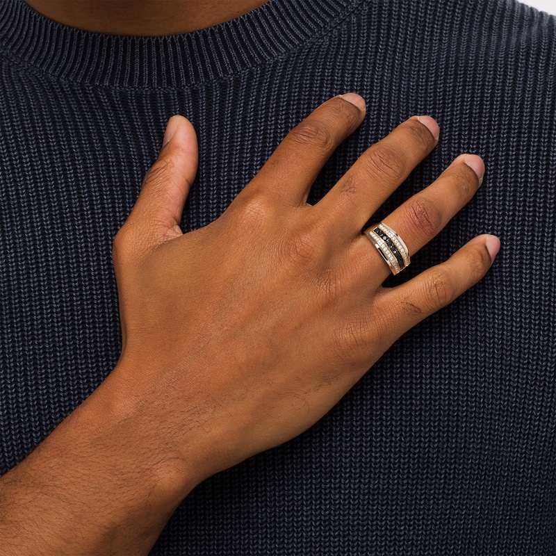 Main Image 2 of Men's 1 CT. T.W. Black Enhanced and White Diamond Triple Row Angle Bolt Ring in 10K Two-Tone Gold