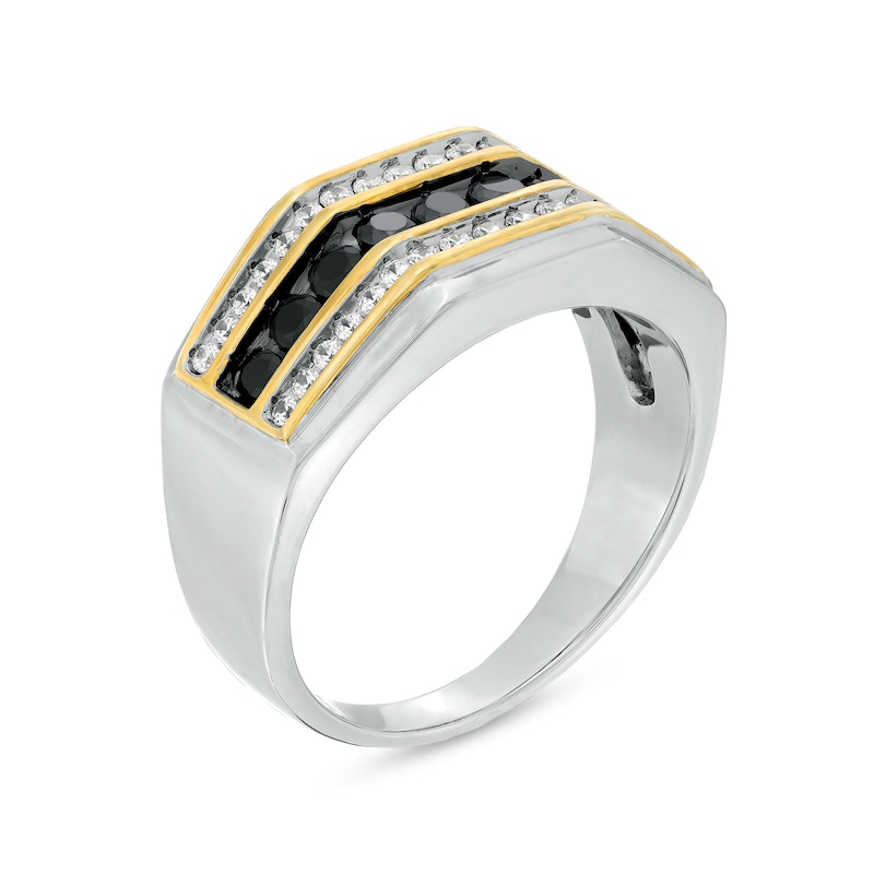 Main Image 3 of Men's 1 CT. T.W. Black Enhanced and White Diamond Triple Row Angle Bolt Ring in 10K Two-Tone Gold