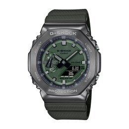 Men's Casio G-Shock Classic Gunmetal Grey IP and Resin Strap Watch with Green Dial (Model: GM2100B-3A)