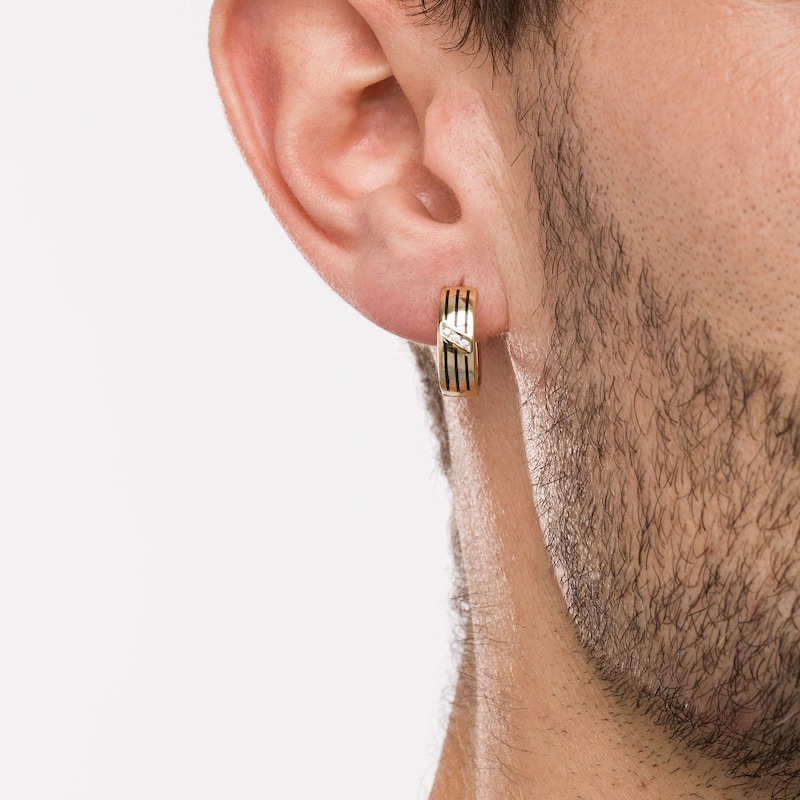 Men's 1/20 CT. T.W. Diamond Slant Triple Groove Hoop Earrings in 10K Gold and Black Ceramic