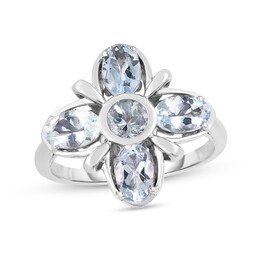 Oval and Round Aquamarine Four-Petal Flower Ring in Sterling Silver