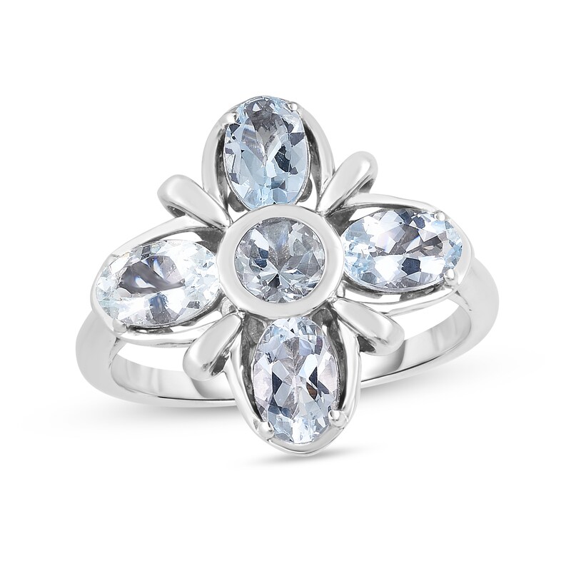 Main Image 1 of Oval and Round Aquamarine Four-Petal Flower Ring in Sterling Silver