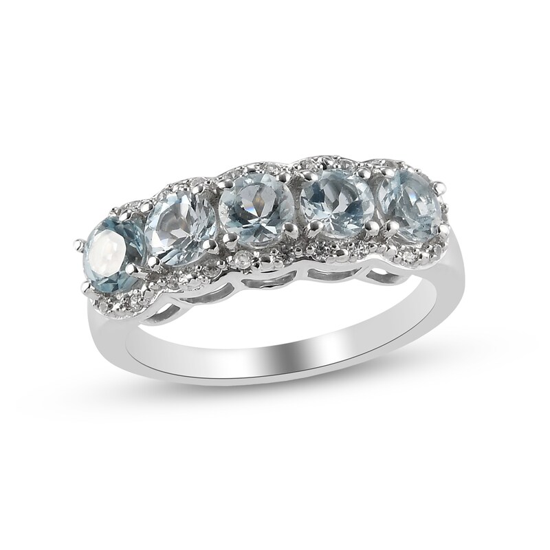 Main Image 1 of 4.0mm Aquamarine and White Zircon Scallop Border Five Stone Ring in Sterling Silver
