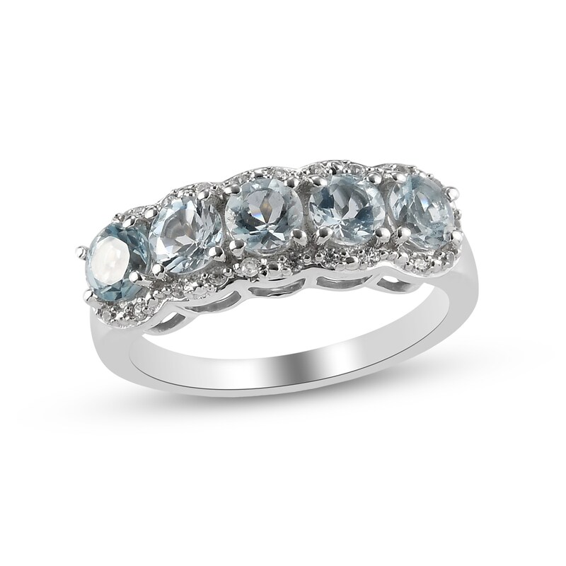 4.0mm Aquamarine and White Zircon Scallop Border Five Stone Ring in Sterling Silver