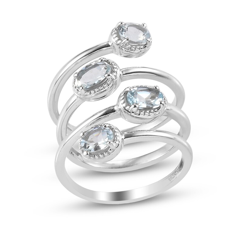 Oval Aquamarine Quartet with Bead Frame Bypass Orbit Wrap Ring in Sterling Silver