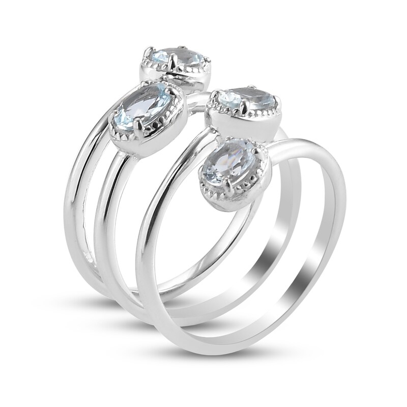 Oval Aquamarine Quartet with Bead Frame Bypass Orbit Wrap Ring in Sterling Silver