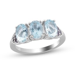 Oval Aquamarine and Iolite Tri-Sides Three Stone Ring in Sterling Silver