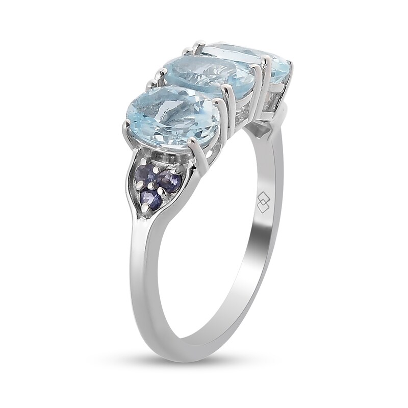Main Image 2 of Oval Aquamarine and Iolite Tri-Sides Three Stone Ring in Sterling Silver