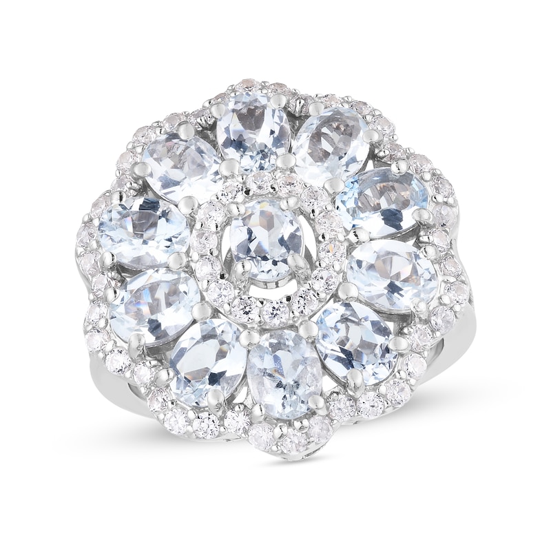 Main Image 1 of Oval Aquamarine and White Zircon Triple Scallop Frame Flower Ring in Sterling Silver