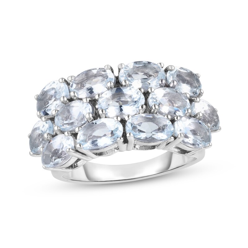 Main Image 1 of Sideways Oval Aquamarine Triple Row Cluster Ring in Sterling Silver