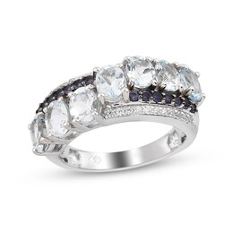 Oval Aquamarine, Iolite and White Zircon Triple Row Seven Stone Curved Crossover Ring in Sterling Silver